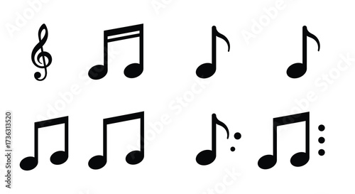 Collection of various black musical notes and symbols on a white background