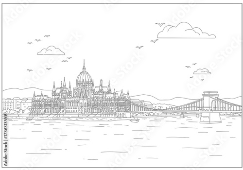 Budapest skyline Parliament building Széchenyi Chain Bridge over the Danube River under clouds and birds