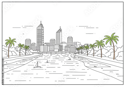 City skyline view across water including skyscrapers palm trees and sailing boats