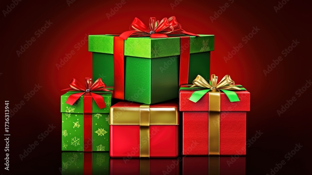 Fototapeta premium Christmas Gift Boxes Stack with Red Ribbons: Vibrant Green Wrapped Presents, Glossy Satin Ribbons, Bold Red Gradient Background, Smooth Green Surface