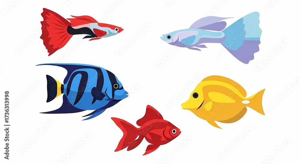 Fototapeta premium A collection of colorful tropical swimming creatures showcasing vibrant scales and various fin shapes for aquarium hobbyists who want to explore diverse aquatic life patterns within domestic