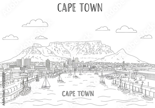 Cape Town view with Table Mountain harbor with boats city buildings and clouds in the sky