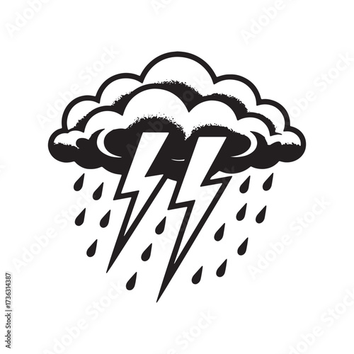 Stormy Weather Black and White Illustration of Dark Clouds Rain and Lightning Strikes
