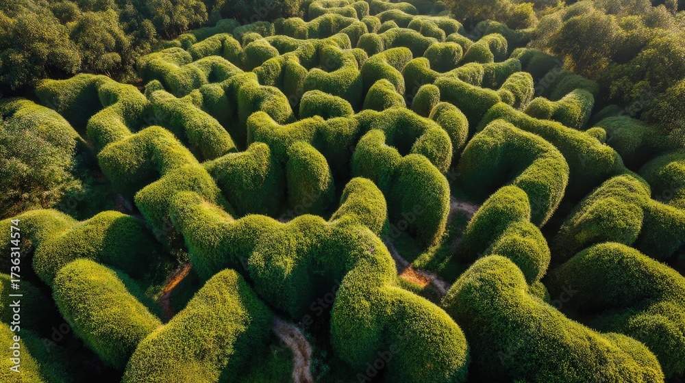 Fototapeta premium Exploring the beauty of an intricate hedge maze in a vibrant green landscape
