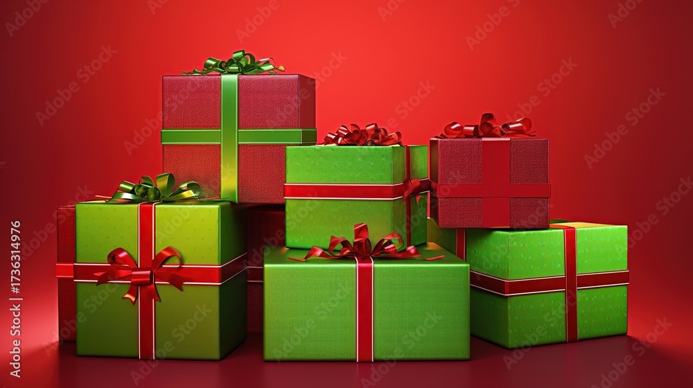 Obraz premium Christmas Gift Boxes Stack with Red Ribbons: Vibrant Green Wrapped Presents, Glossy Satin Ribbons, Bold Red Gradient Background, Smooth Green Surface