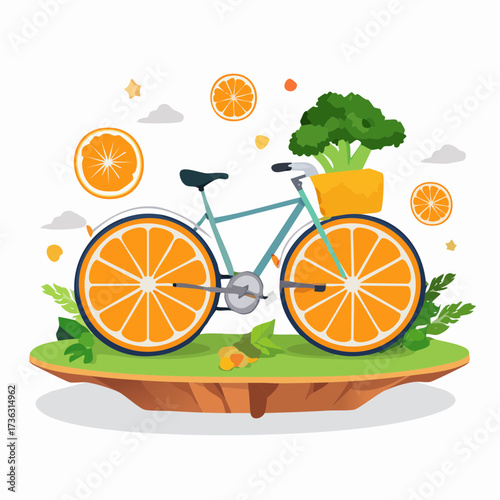 Creative vector graphic of a bicycle fueled by nutrition, with orange wheels and a broccoli passenger on a journey towards a healthy life