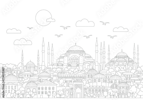 Outline of a cityscape featuring domed buildings and minarets under a sky with clouds and birds