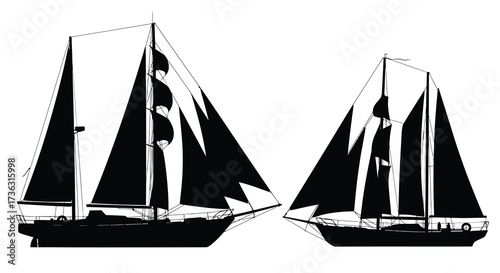 Two elegant sailing ships depicted in a simple black and white style