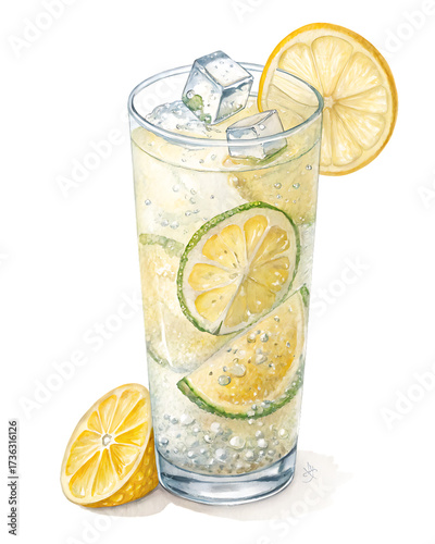 Refreshing tall glass of gin and tonic with ice and lemon slices isolated on transparent background