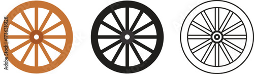 Wooden Wagon Wheel Vector Icon Set .  Spoked Cart Wheel Symbols

