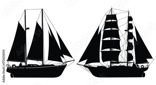 Silhouette illustration depicting two vintage sailing ships on a white backdrop