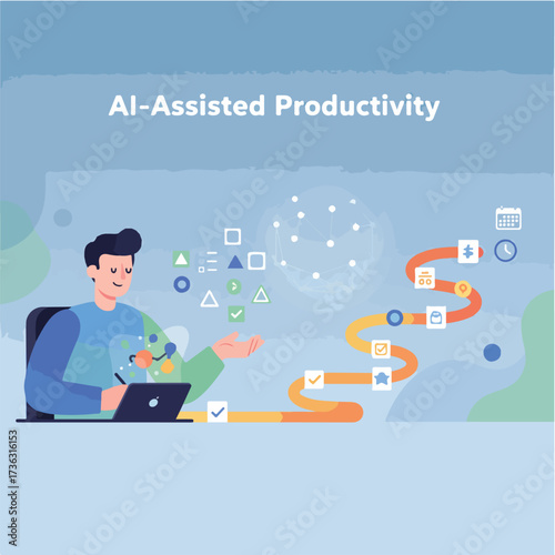 AI Personal Assistant and Productivity Management Vector Illustration. Wide Landscape User Delegating Tasks