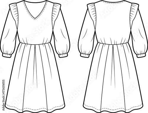 CAD drawing flat vector, long sleeve dress sketch, v-neck fashion template, gathered waist clothing design, ruffle shoulder dress illustration
