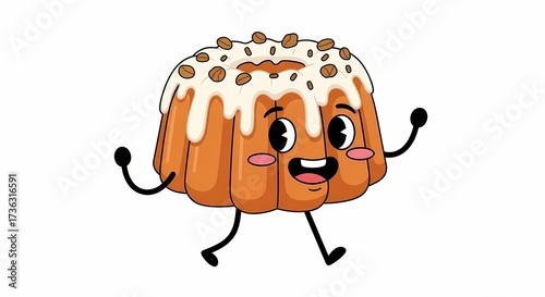 Cheerful animated bundt cake character with frosting running happily to express excitement and joyful emotions for culinary marketing designs representing tasty bakery treats for festivals and