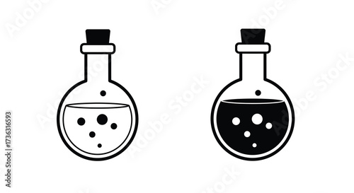 Two black and white potion bottles one empty and one full