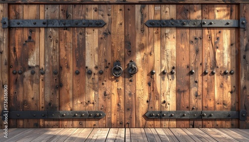 Rustic wooden double door with dark metal hinges and studs, featuring ring door knockers and a weathered wooden floor in front, creating a sense of historical detail and warmth.
