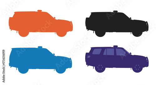 Four silhouettes of off road vehicles in different colors are displayed