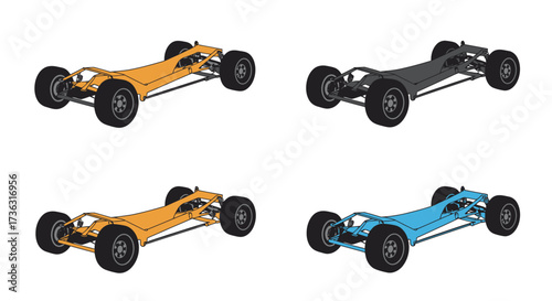 Isometric views of four different colored open wheel race car chassis