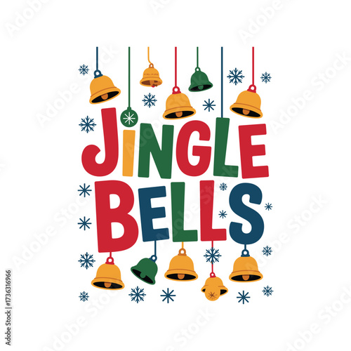 Merry christmas typography design with jingle bells and snowflakes festive apparel graphic