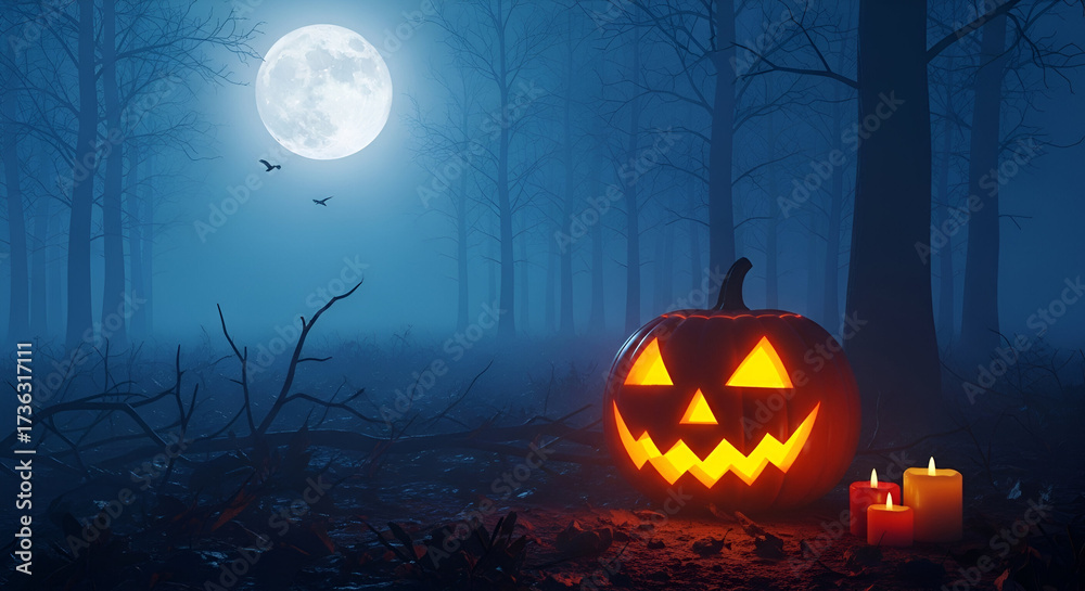 Fototapeta premium Spooky Halloween pumpkin in a foggy forest at night