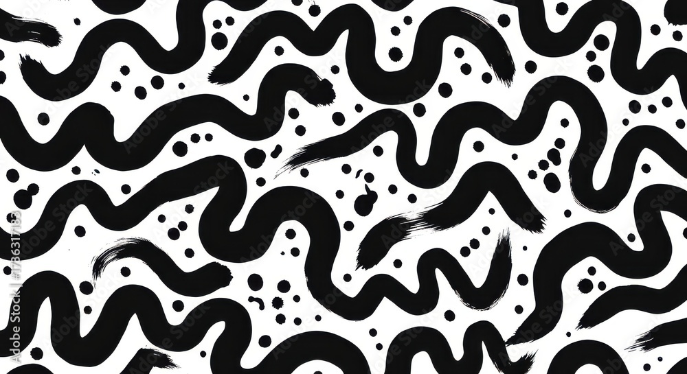 Fototapeta premium Abstract monochrome artwork showcases bold, wavy brushstrokes interspersed with small splatters across a white backdrop, creating a modern pattern design with a minimalist aesthetic, suitable for...