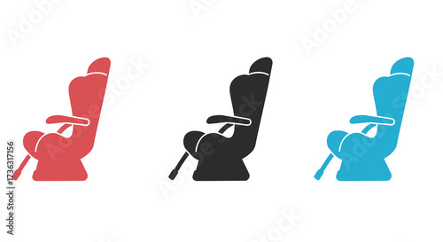 Three car seat icons in red black and blue silhouettes displayed