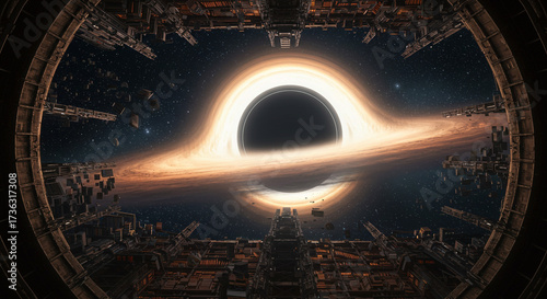 Fototapeta Naklejka Na Ścianę i Meble -  Witness cosmic destiny from a futuristic space station as a colossal black hole's accretion disk ignites the void with awe inspiring light