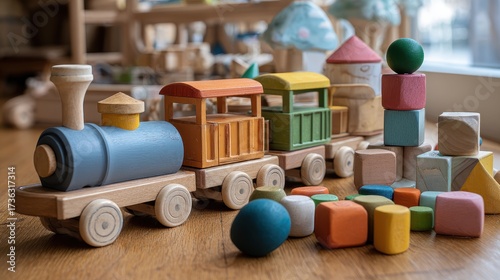 Whimsical Wooden Toy Train and Building Blocks Arrangement, Soft Natural Light.
