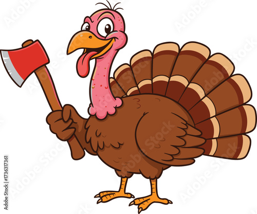 Cartoon turkey holding red axe, funny thanksgiving bird illustration, humorous poultry mascot design, farm animal character artwork, festive holiday clipart, comic style drawing, cheerful fowl