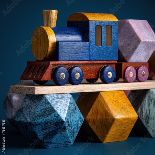 Whimsical Wooden Toy Train on Geometric Blocks, Nostalgic Childhood Play Scene.