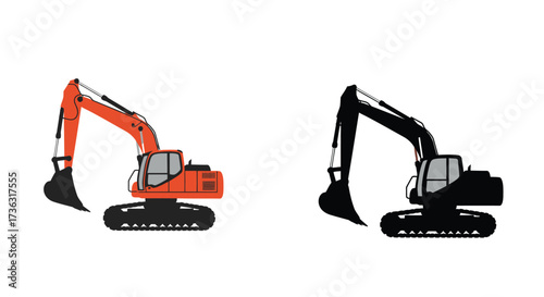 Illustrations of heavy machinery excavators in color and monochrome styles