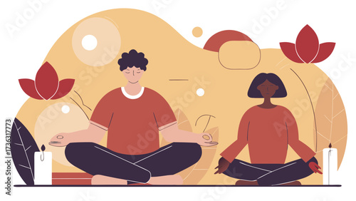 Two people meditating in lotus position with candles and floral elements in a serene setting scene on transparent background silhouette