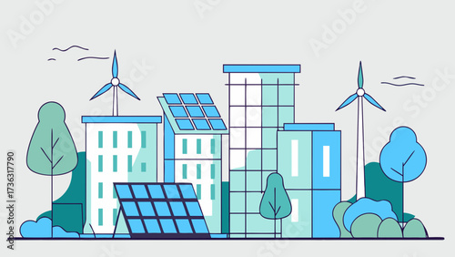 Illustration of a sustainable city with solar panels, wind turbines and green spaces in light blue color on transparent background silhouette