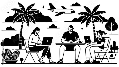 People working remotely on laptops under palm trees with airplane flying above in black and white style on transparent background silhouette