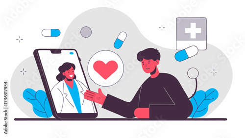 Illustration of a man having a telehealth consultation with a doctor on his smartphone screen on transparent background silhouette
