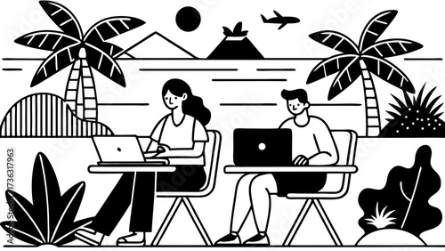 People working remotely on laptops at a tropical beach with palm trees and volcano in the background on transparent background silhouette