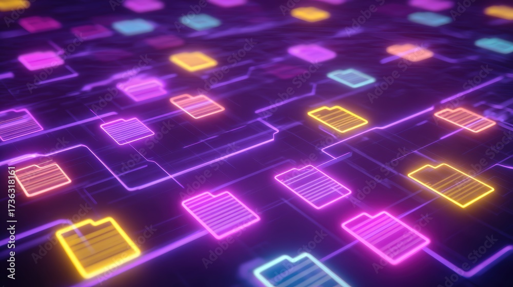 Obraz premium Abstract network grid with files and folders, futuristic software interface, digital document management system, store, search and organize documents, corporate business, paperless office 