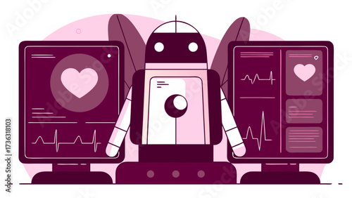 Illustration of a robot standing between two monitors displaying heart rate and heart shape icons on transparent background silhouette