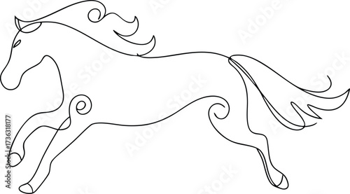 Continous line drawing line art horse running with flowing mane tail animal motion