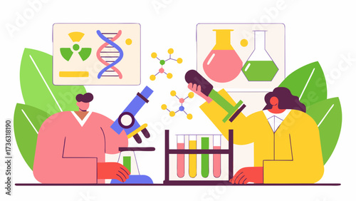 Two scientists conducting experiments with microscope and test tubes in a laboratory setting scene on transparent background silhouette
