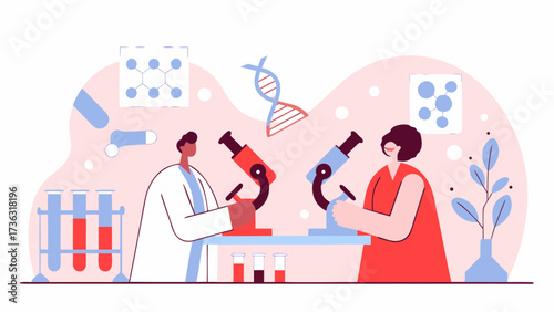 Two scientists working with microscopes and test tubes in a laboratory setting shown in vector art on transparent background silhouette