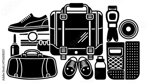 A collection of travel items including bags shoes and accessories arranged in a flat lay style art on transparent background silhouette