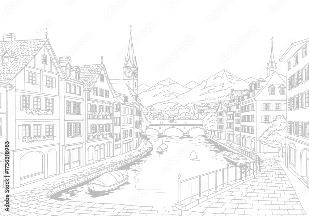 Obraz premium Zurich cityscape sketch river boats old buildings mountains bridges and church spires