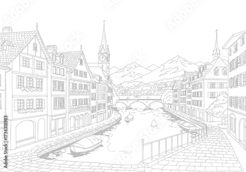 Zurich cityscape sketch river boats old buildings mountains bridges and church spires