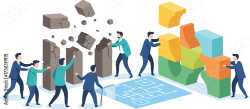 Corporate Restructuring and Change Management Vector Illustration. Wide Landscape Leaders Rebuilding Organization