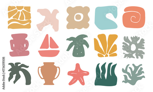 Groovy summer beach illustration set featuring geometric sun. palm trees. sea waves. sailboat and retro abstract tropical icons. Perfect for logos and vintage-inspired designs.