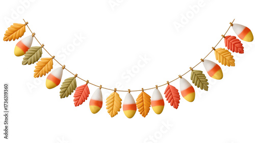 Charming autumn party garland decoration of candy corn and colorful fall leaf. This festive bunting illustration for happy Halloween celebration hangs isolated on string