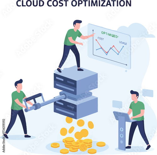 Cloud Cost Optimization and Efficiency Vector Illustration. Wide Landscape Engineers Right-Sizing Resources