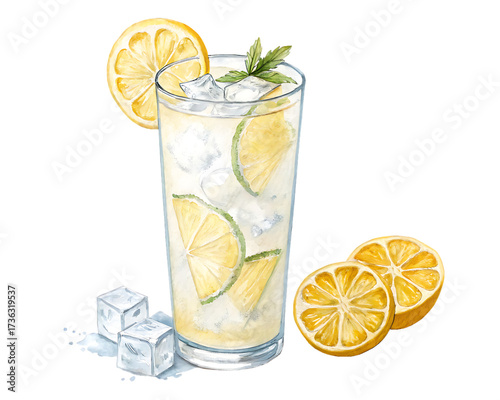 Refreshing tall glass of lemonade with ice cubes mint and lemon slices isolated on transparent background