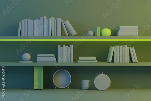 Minimalist shelves with light gray books and decorative spheres in muted green and yellow lighting